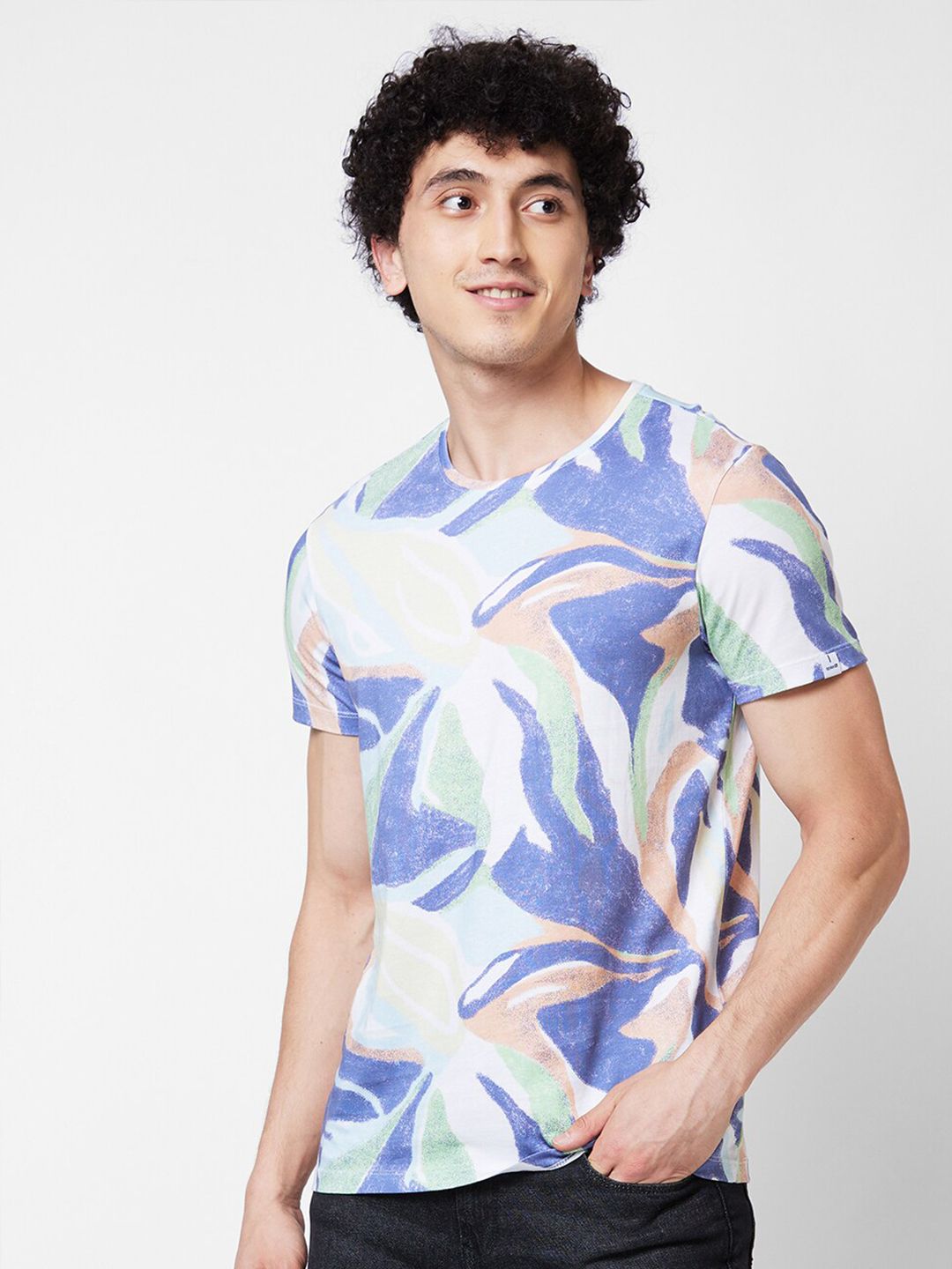 SPYKAR Round Neck Short Sleeves Printed Slim Fit Cotton T-shirt