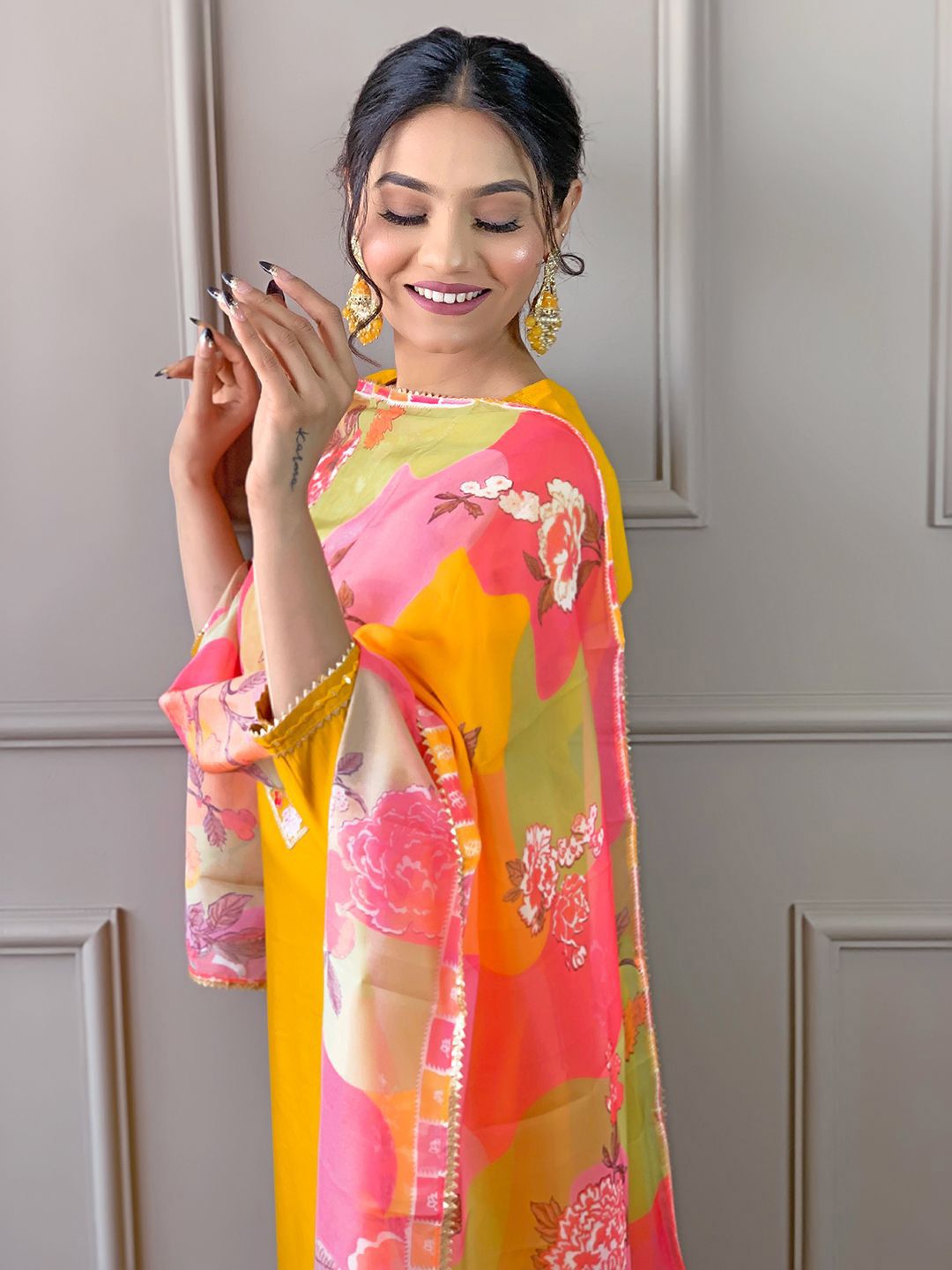 KALINI Floral Embroidered Straight Kurta With Trousers & Dupatta