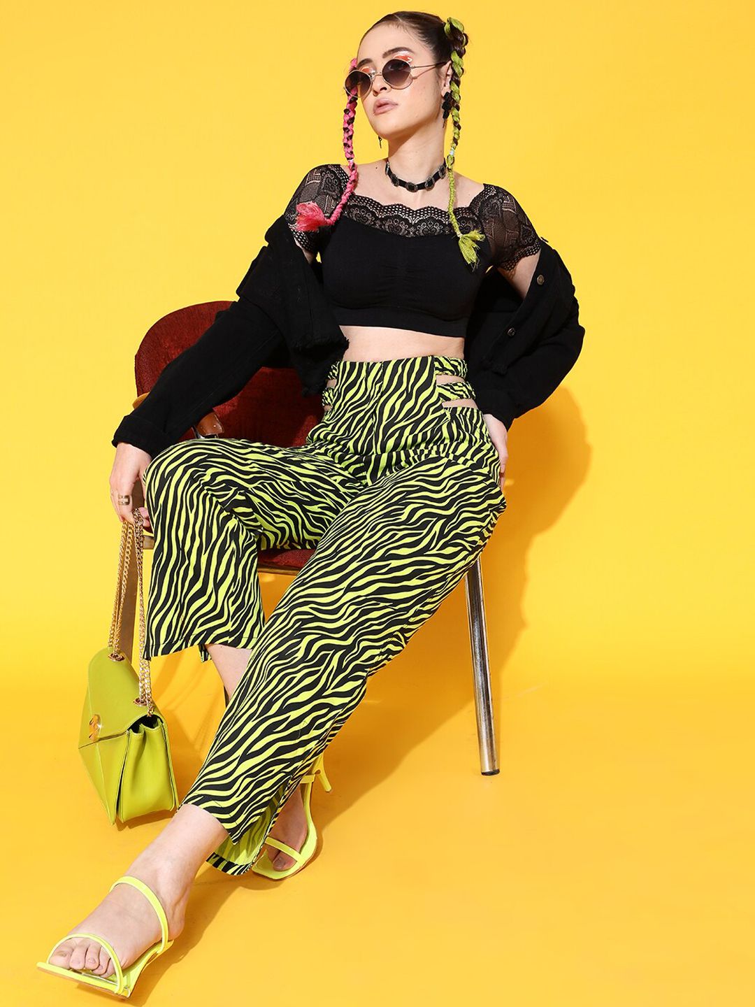 STREET 9 Women Attractive Lime Green Striped Trousers