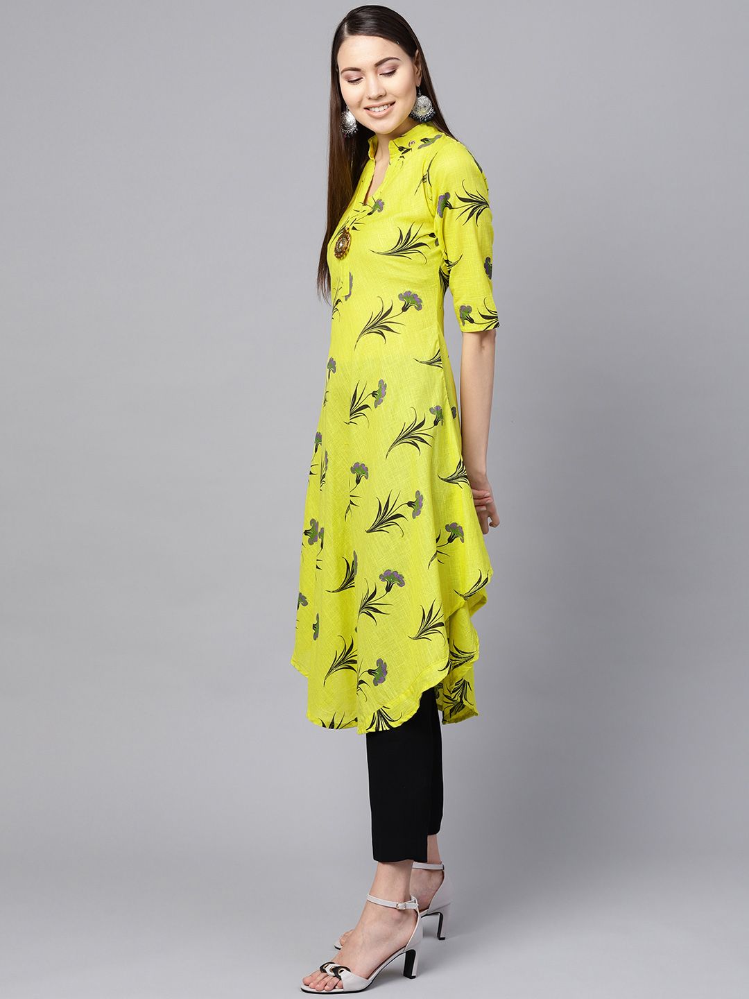 SOJANYA Wanita Lime Green & Black Floral Print Kurta A-Line
