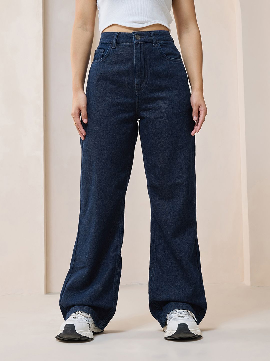 Bewakoof Women Blue Baggy Wide Leg Clean Look Cotton Jeans