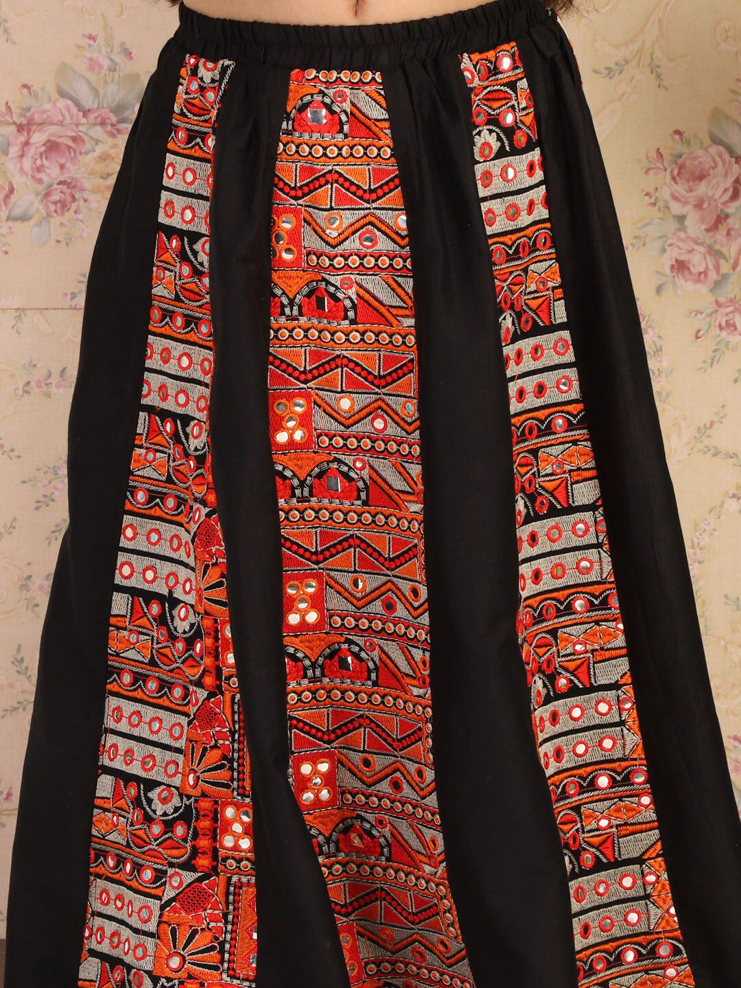 VASTRAMAY Girls Black & Orange Embroidered Patchwork Ready to Wear Lehenga Set
