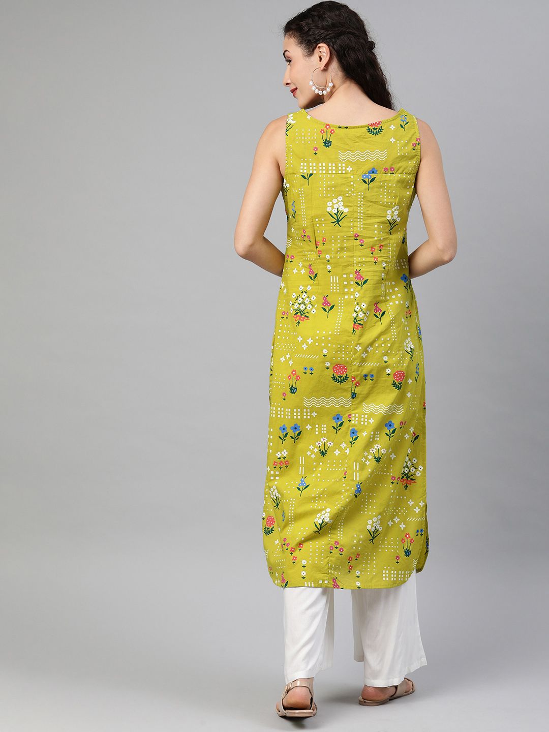 Anouk Women Green & White Floral Printed Boat Neck Straight Kurta