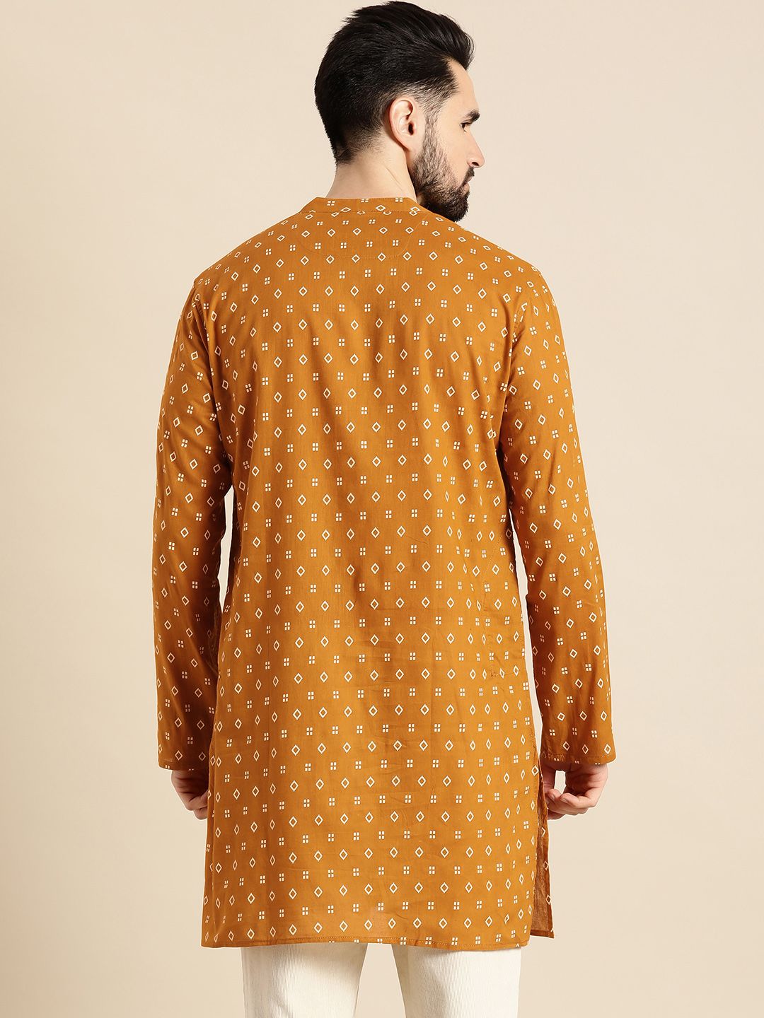 Anouk Men Mustard Yellow & White Geometric Printed Kurta