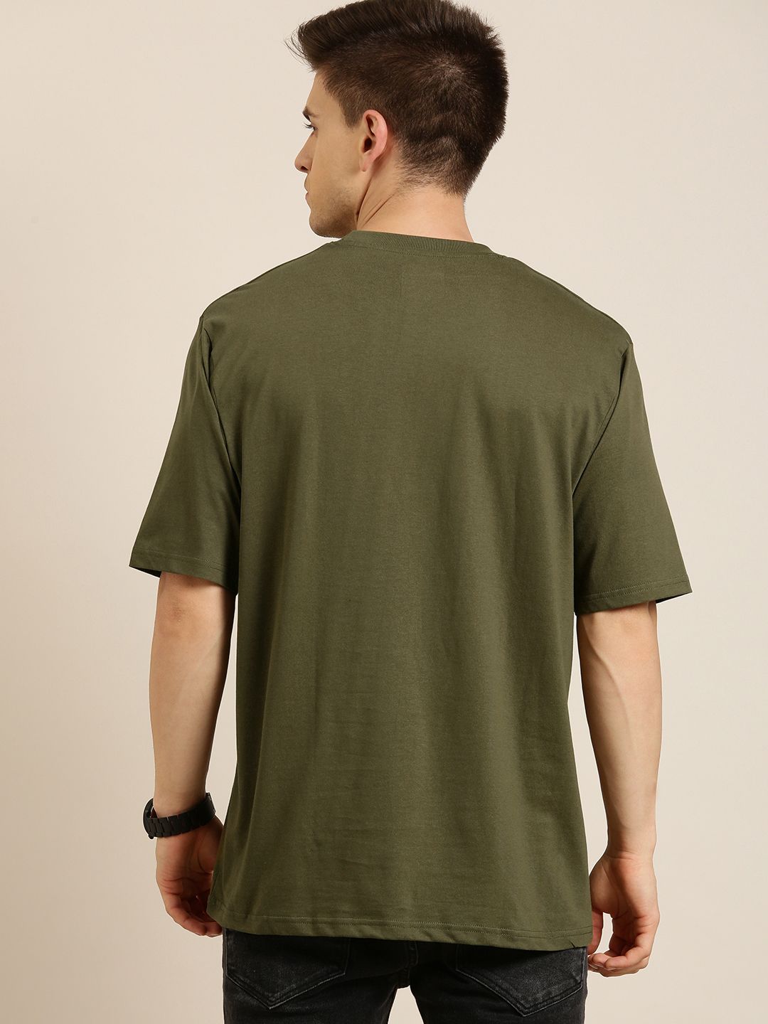 DILLINGER Men Olive Green Pure Cotton Drop-Shoulder Sleeves Oversized Fit T-shirt