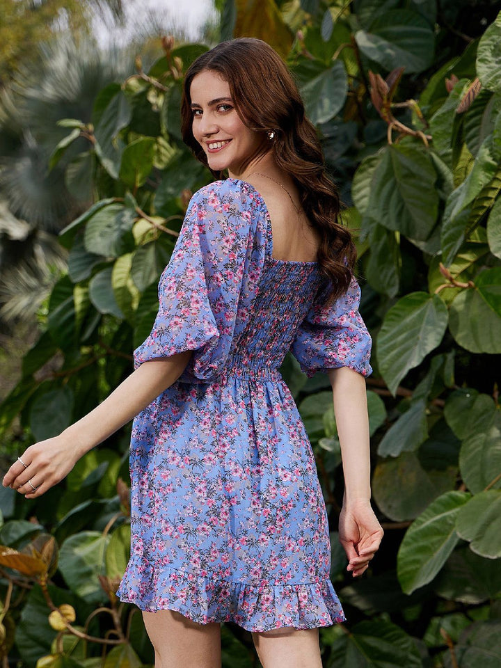 SASSAFRAS Floral Printed Smocked Fit & Flare Mini Dress