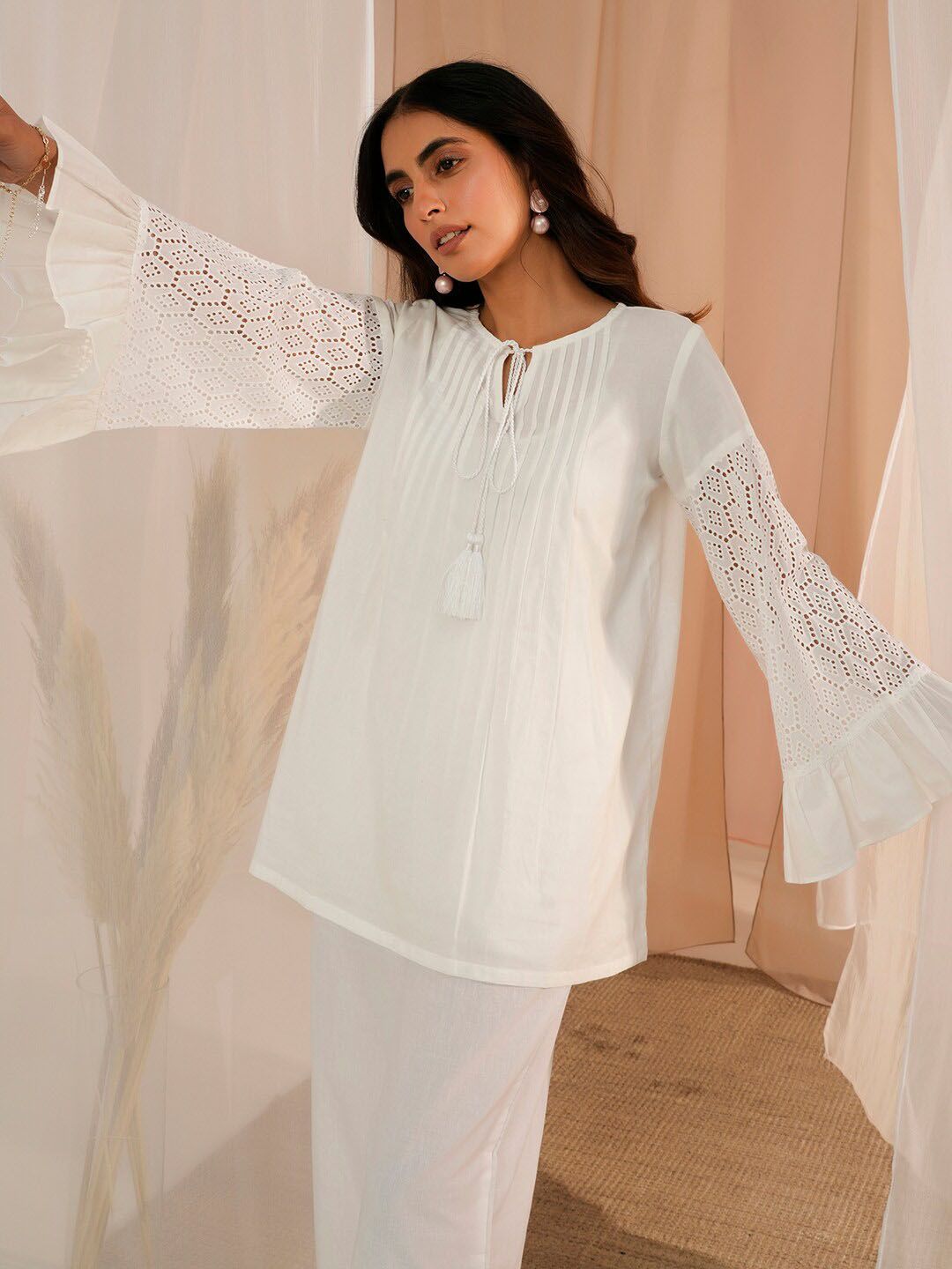 Libas Floral Schiffli Tie Up Neck Pure Cotton Tunic