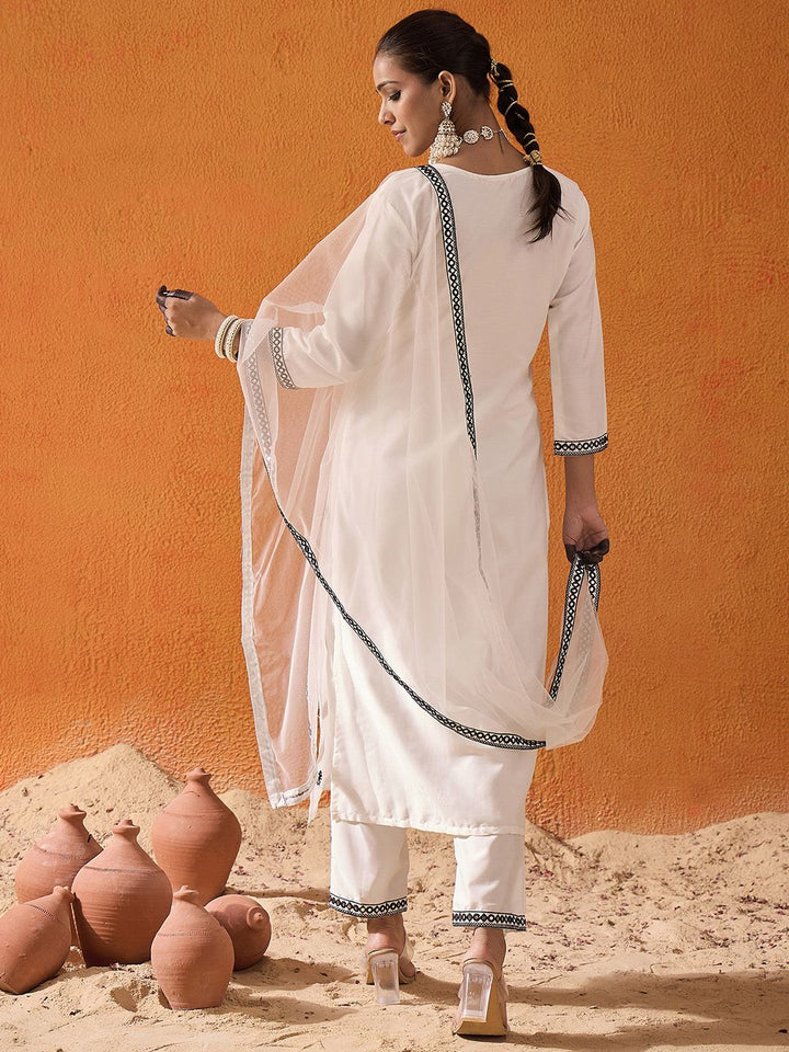 Indo Era White Floral Embroidered Straight Kurta with Trousers & Dupatta