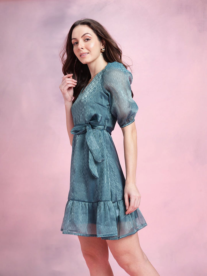 DressBerry Geometric Self-Design Puff Sleeves Party Fit & Flare Dress with Belt