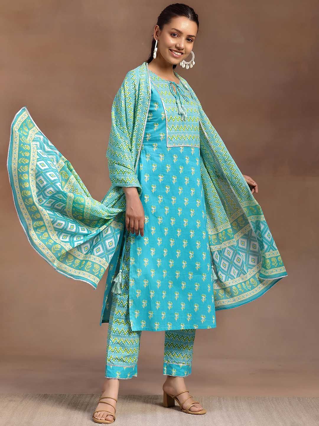 Libas Women Blue Floral Printed Regular Gotta Patti Pure Cotton Kurta with Trousers & With Dupatta