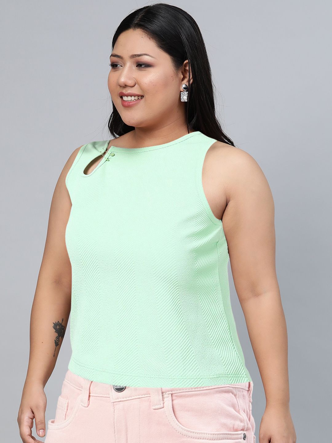 Tokyo Talkies Mint Green Paper Clip Detail Crop Tank Top
