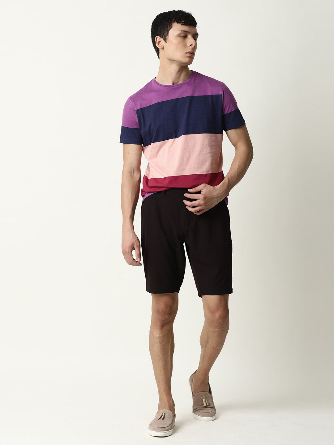 RARE RABBIT Men Purple Colourblocked Pure Cotton Slim Fit T-shirt