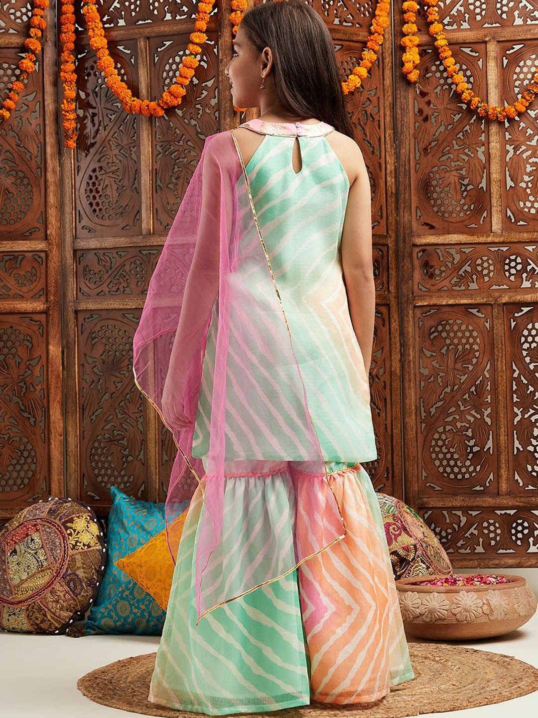 pspeaches Girls Leheriya Printed Kurti with Sharara & Dupatta