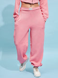 STREET 9 Women Pink Cotton Relaxed Loose Fit Mid-Rise Casual Knitted Joggers Trouser