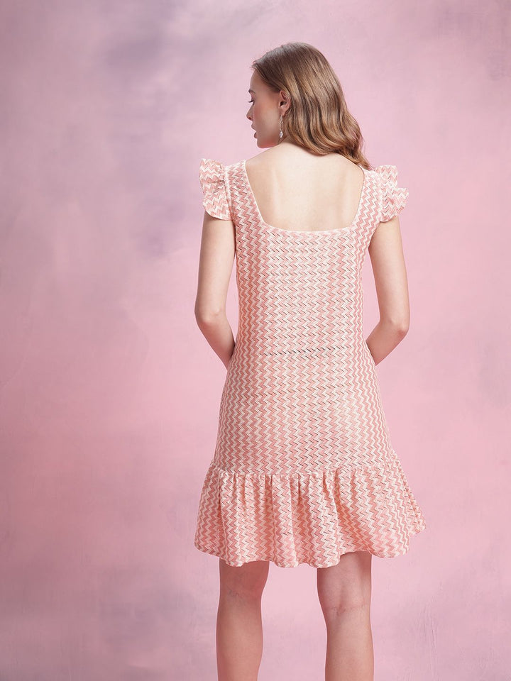 DressBerry Chevron Striped Flutter Sleeve Crochet A-Line Dress