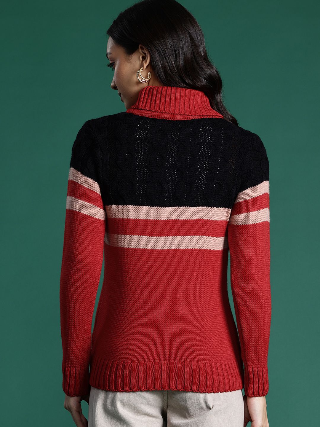 DressBerry Striped Turtle Neck Cable Knit Pullover