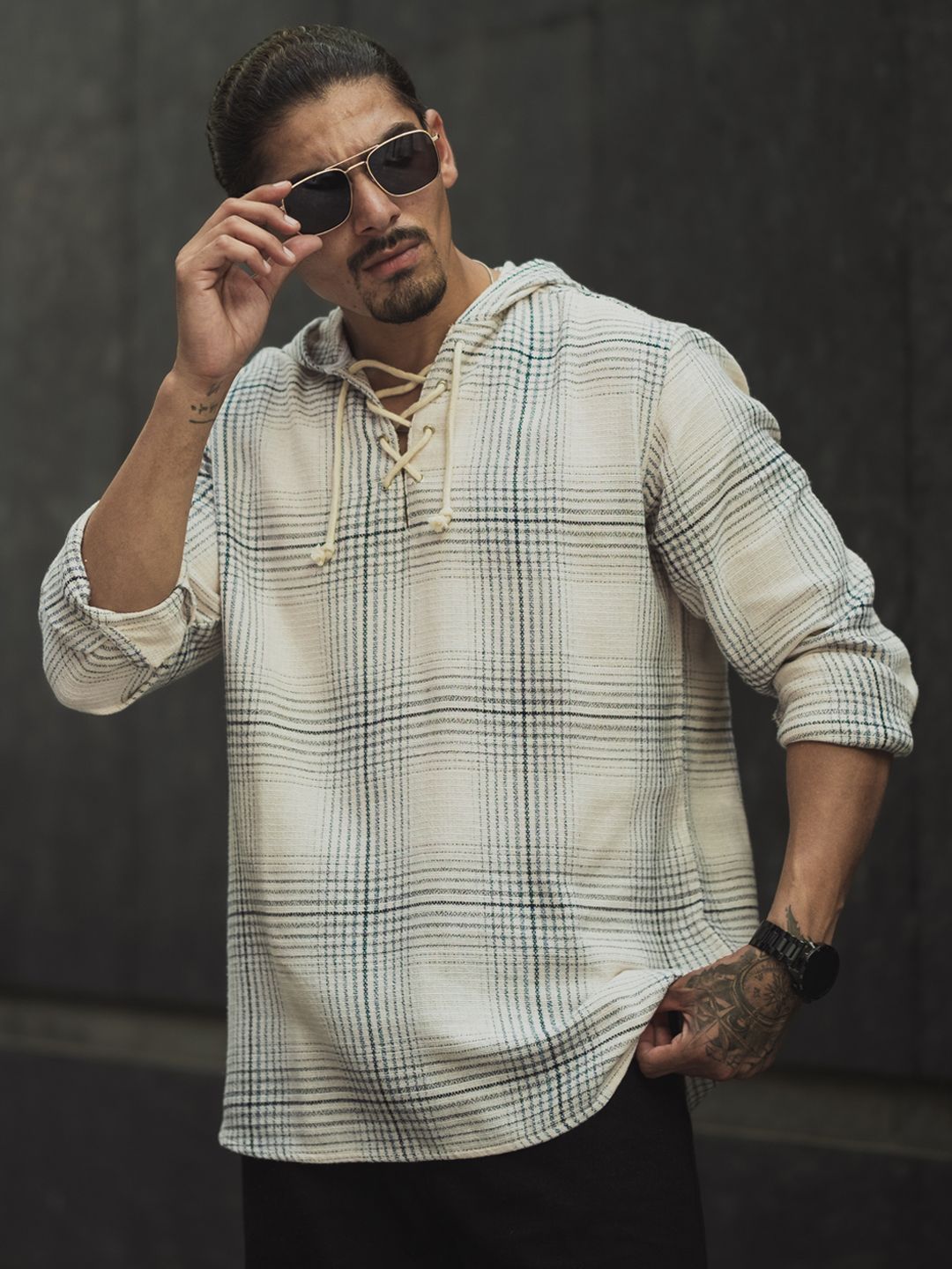 Powerlook Men Hood Tartan Checked Cotton Casual Shirt