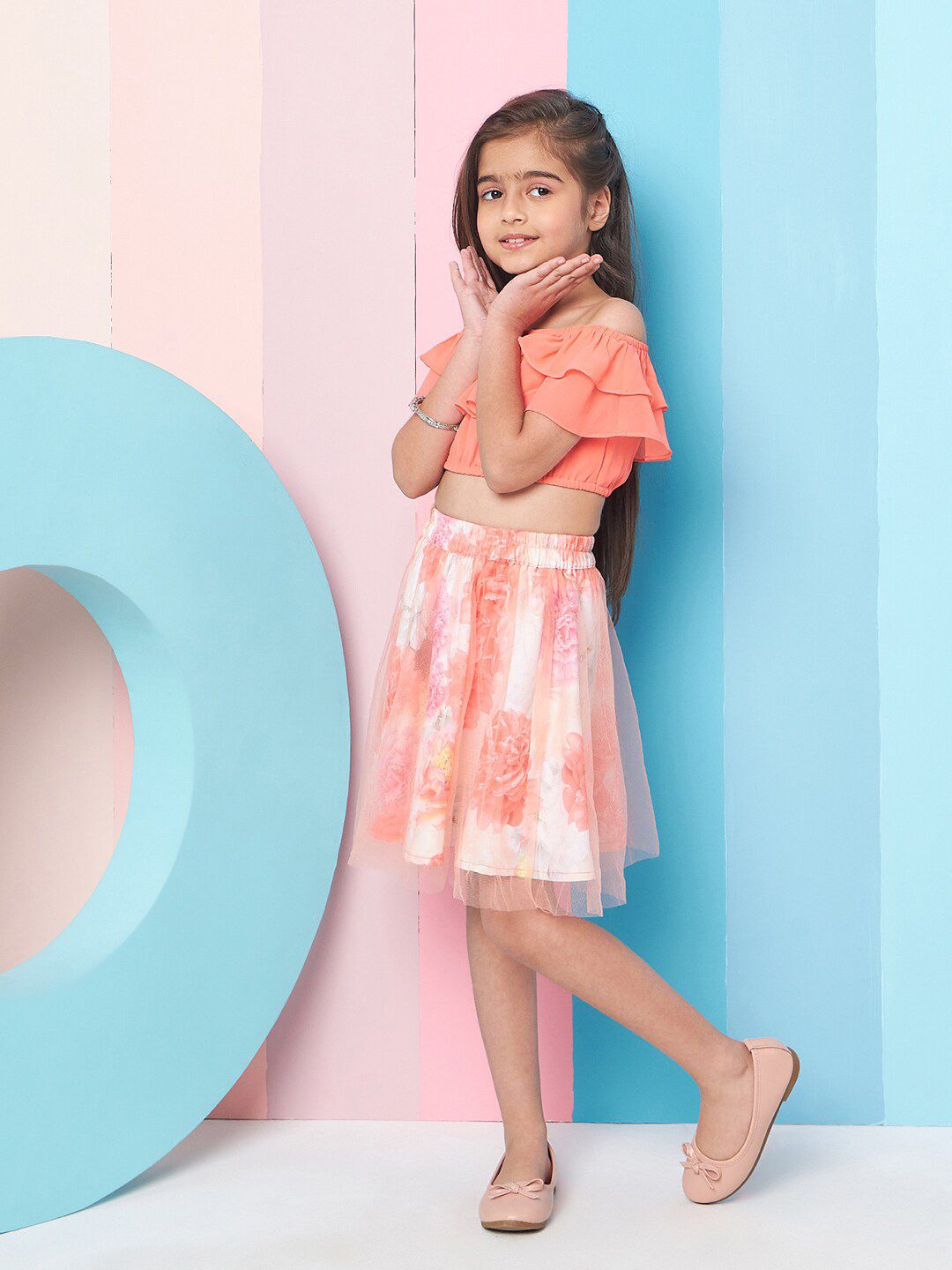 pspeaches Girls Floral Printed Off-Shoulder Top with Skirt