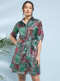 Antheaa Tropical Printed Shirt Collar Satin Fit & Flare Dress