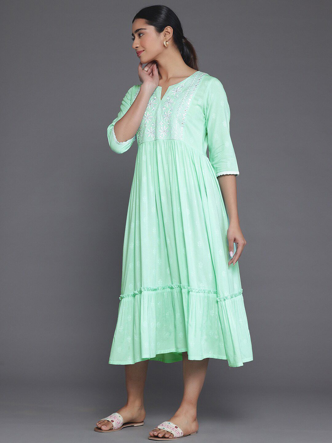 Libas Ethnic Motifs Embroidered Ruffled Fit & Flare Midi Dress