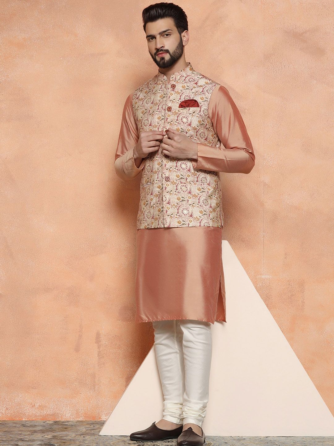 KISAH Printed Nehru Jackets With Pocket Square