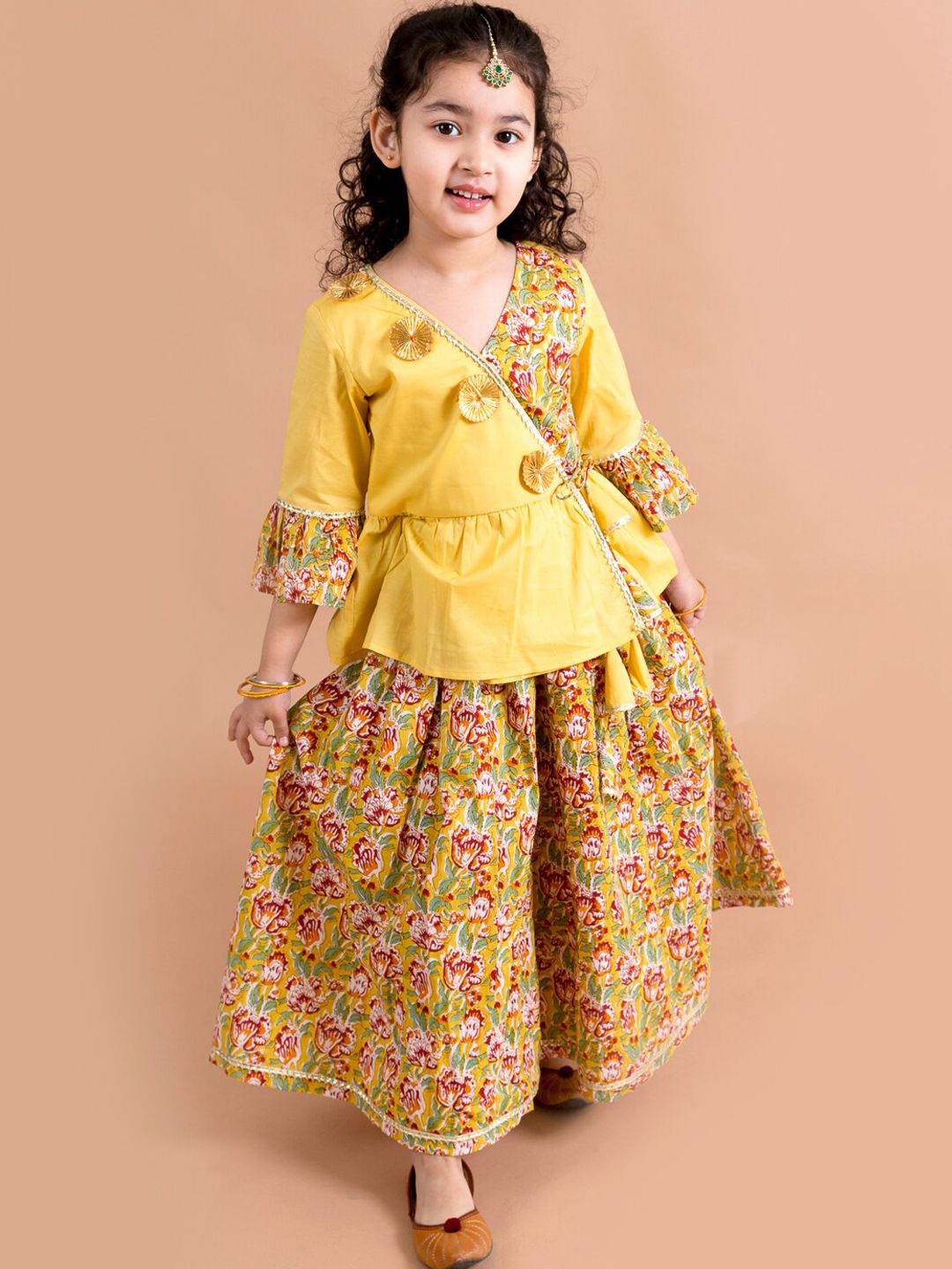 pspeaches Girls Mustard Yellow Floral Printed Angrakha Pure Cotton Kurti With Palazzos