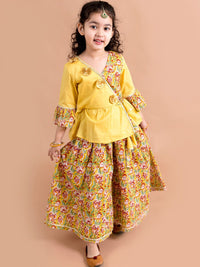 pspeaches Girls Mustard Yellow Floral Printed Angrakha Pure Cotton Kurti With Palazzos
