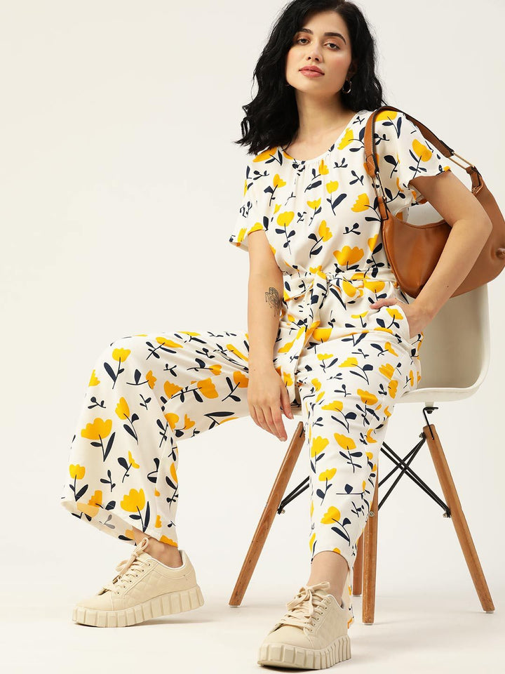 DressBerry Women White & Yellow Floral Printed Basic Jumpsuit