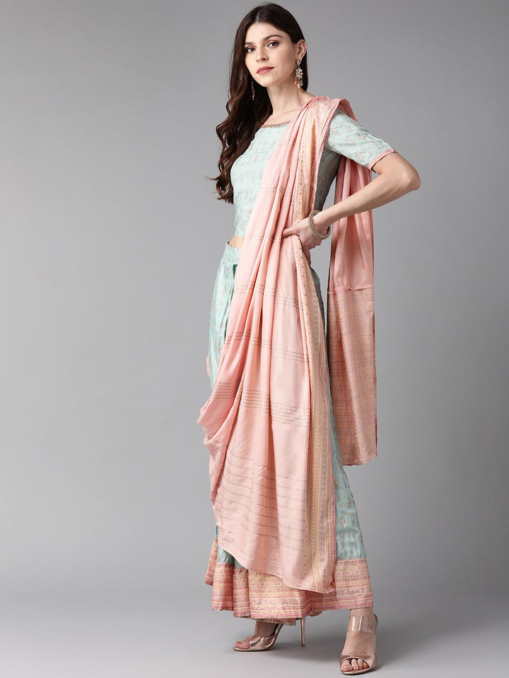 W Women Blue & Peach-Coloured Printed Top with  With Attached Dupatta
