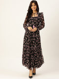 Antheaa Women Black & Lavender Floral Tie-Up Neck Maxi Dress