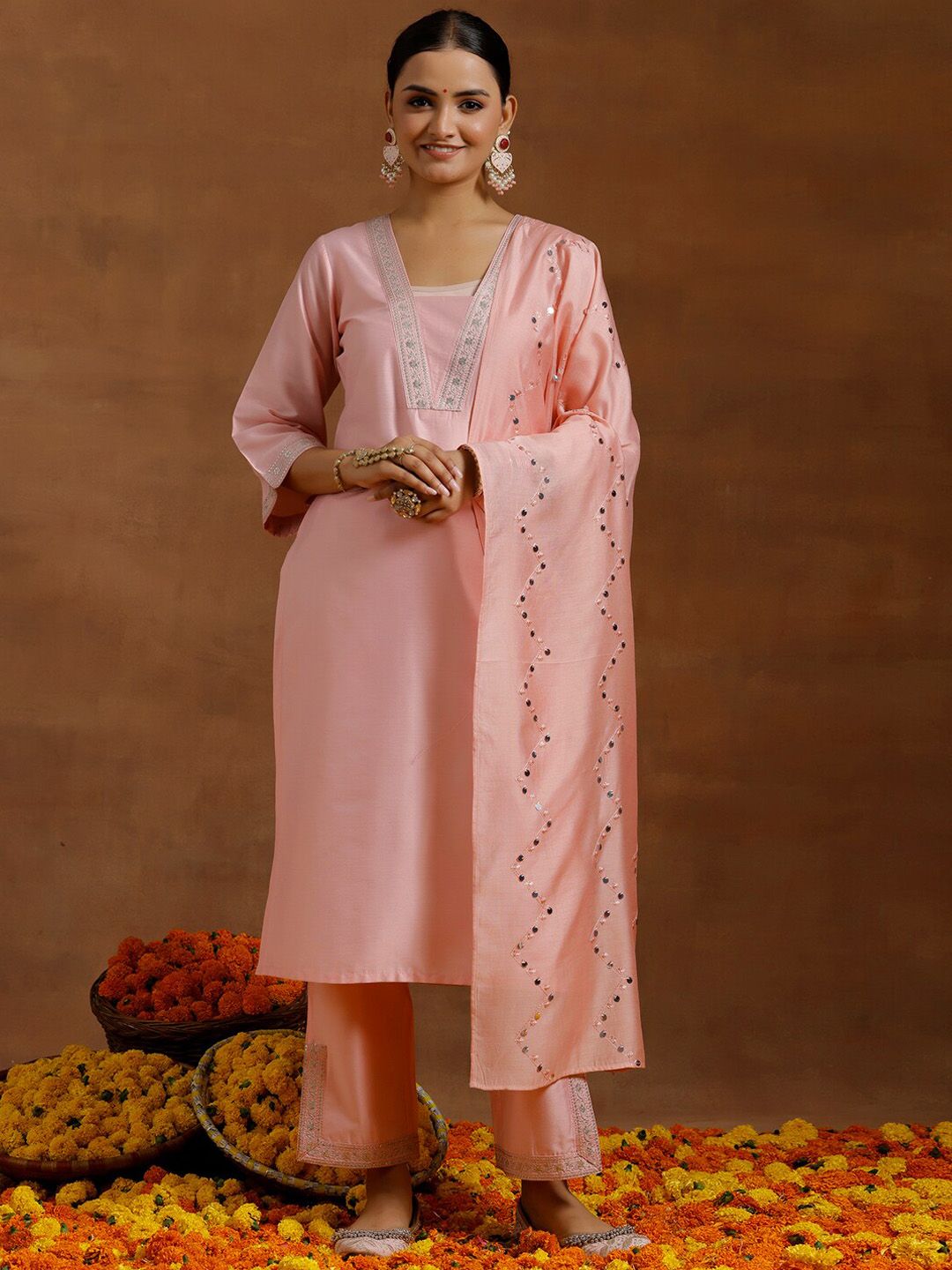 Libas Floral Yoke Design Sequinned Straight Kurta With Trousers & Dupatta