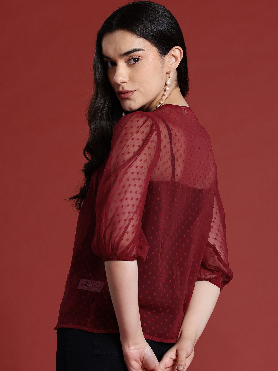 all about you Dobby Woven Tie-Up Neck Puff Sleeve Top