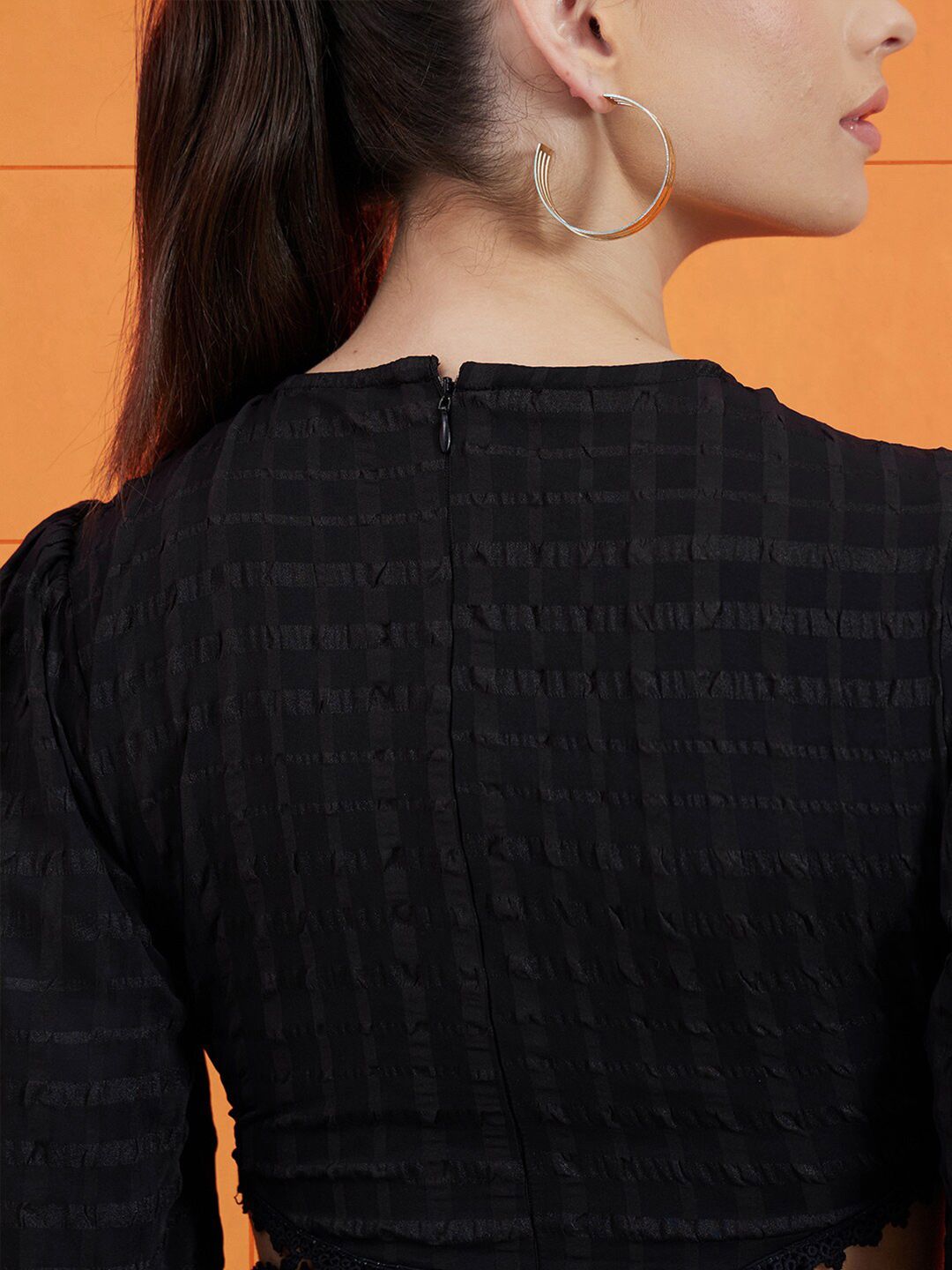 STREET 9 Self Design Round Neck Puff Sleeves Cut-Outs A-Line Dress