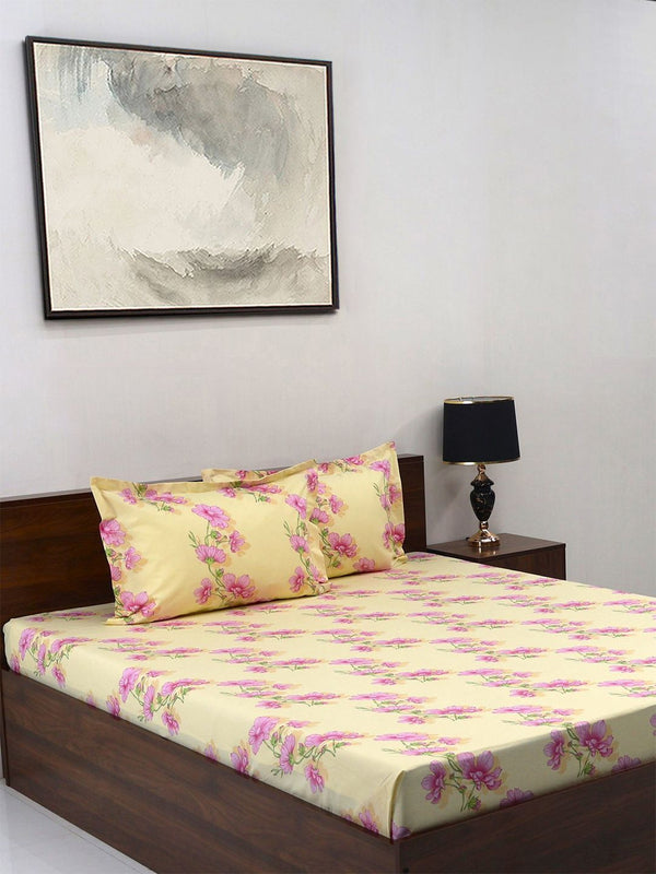 BOMBAY DYEING Pink & Beige Floral Pure Cotton 140 TC Queen Bedsheet Set 2.28 x 2.54 Mts