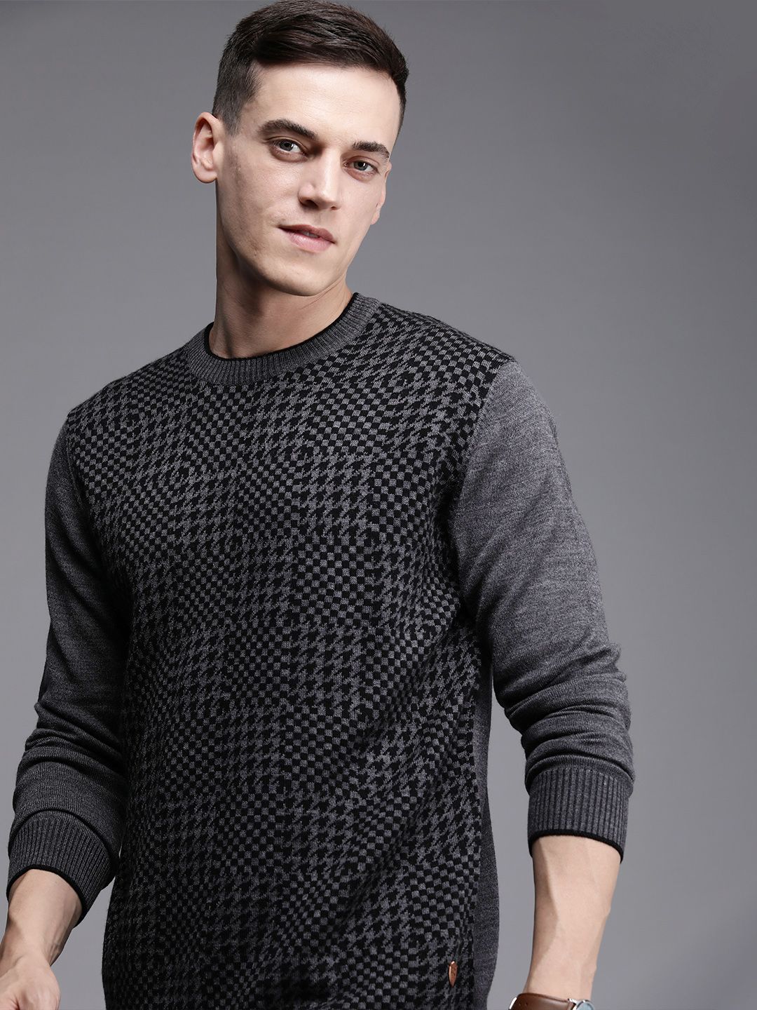 Raymond Men Charcoal Grey Self Design Pullover