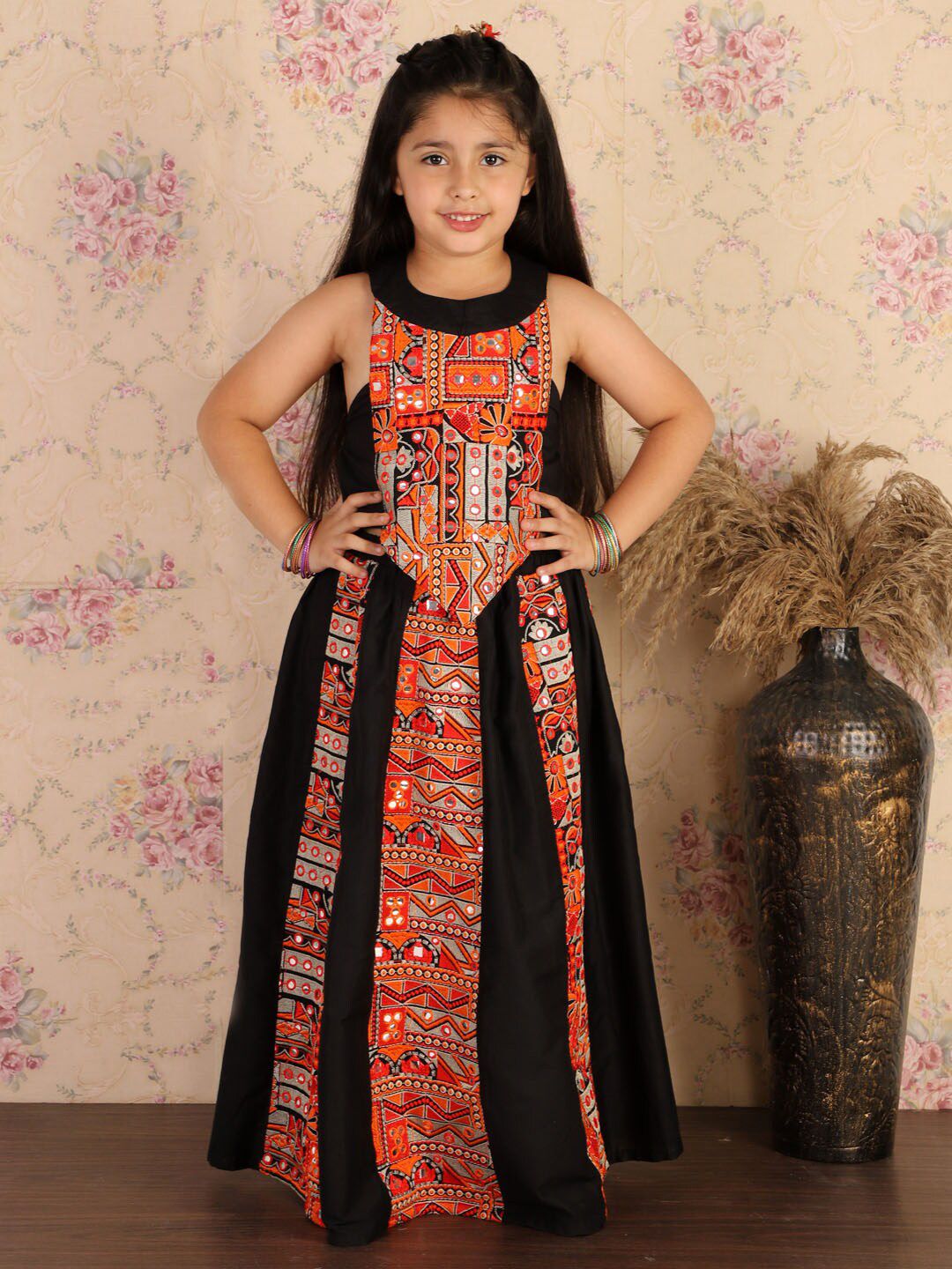 VASTRAMAY Girls Black & Orange Embroidered Patchwork Ready to Wear Lehenga Set