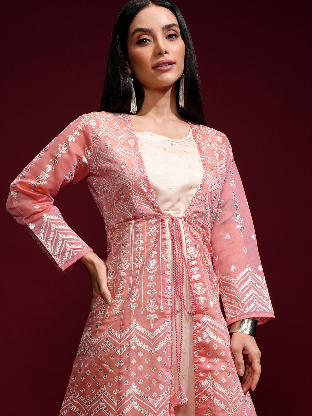 Vishudh Peach-Coloured Ethnic Motifs Layered Ethnic Maxi Dress With Jacket