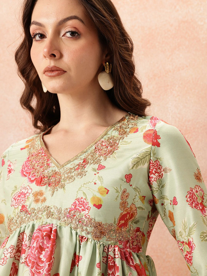 all about you Ethnic Motifs Printed Zari Work Pleated A-Line Kurti