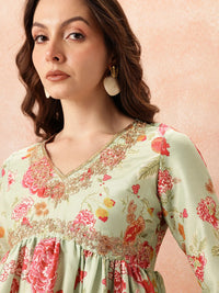 all about you Ethnic Motifs Printed Zari Work Pleated A-Line Kurti