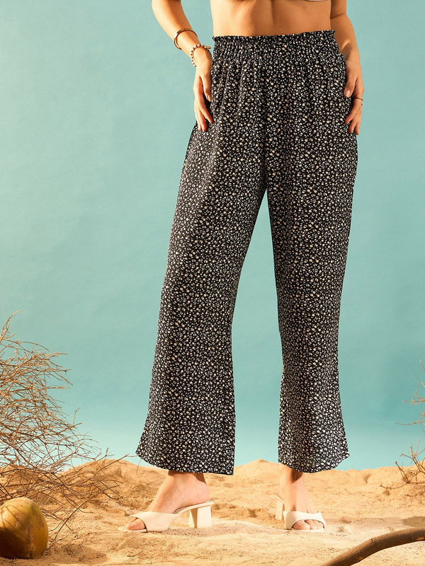 Berrylush Women Black Floral Printed Relaxed Straight Leg High-Rise Parallel Trouser