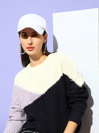 STREET 9 Women Navy Blue & White Colourblocked Pullover
