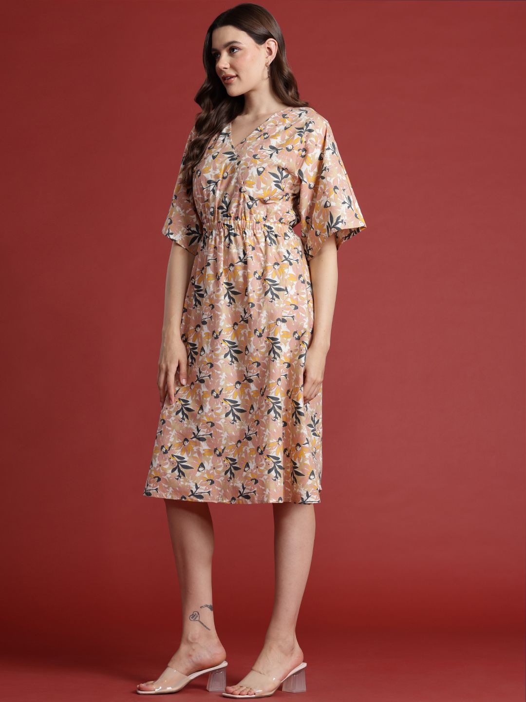 all about you Pure Cotton Floral Print Flared Sleeves Wrap Dress