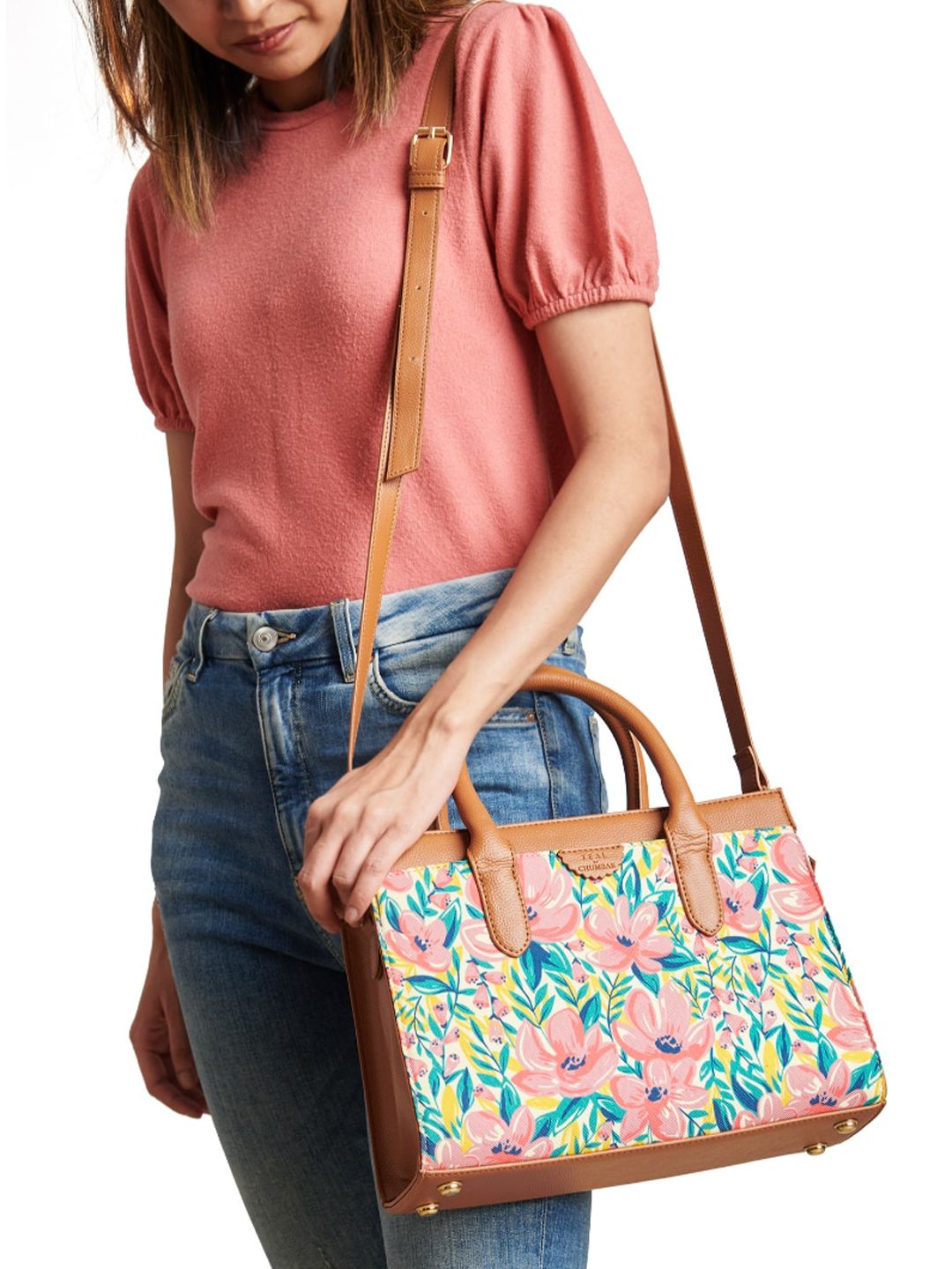 TEAL BY CHUMBAK Floral Printed Oversized Structured Handheld Bag