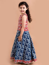 pspeaches Girls Blue & Red Printed Ready to Wear Lehenga &