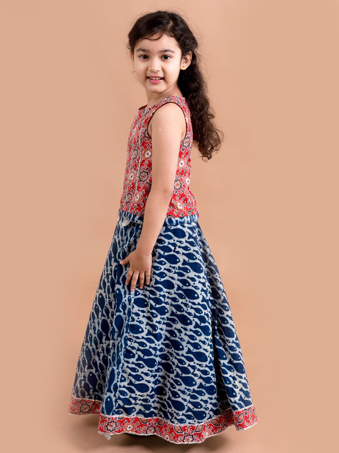 pspeaches Girls Blue & Red Printed Ready to Wear Lehenga &
