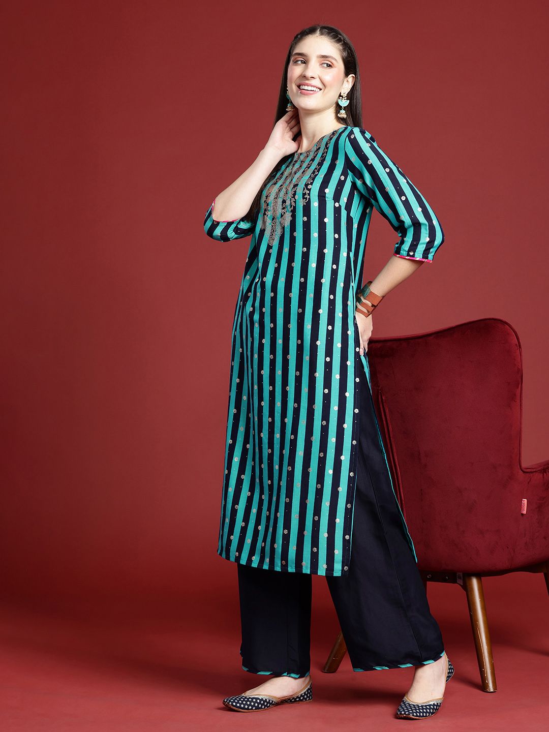 Anouk Striped Kurta with Palazzos & Dupatta