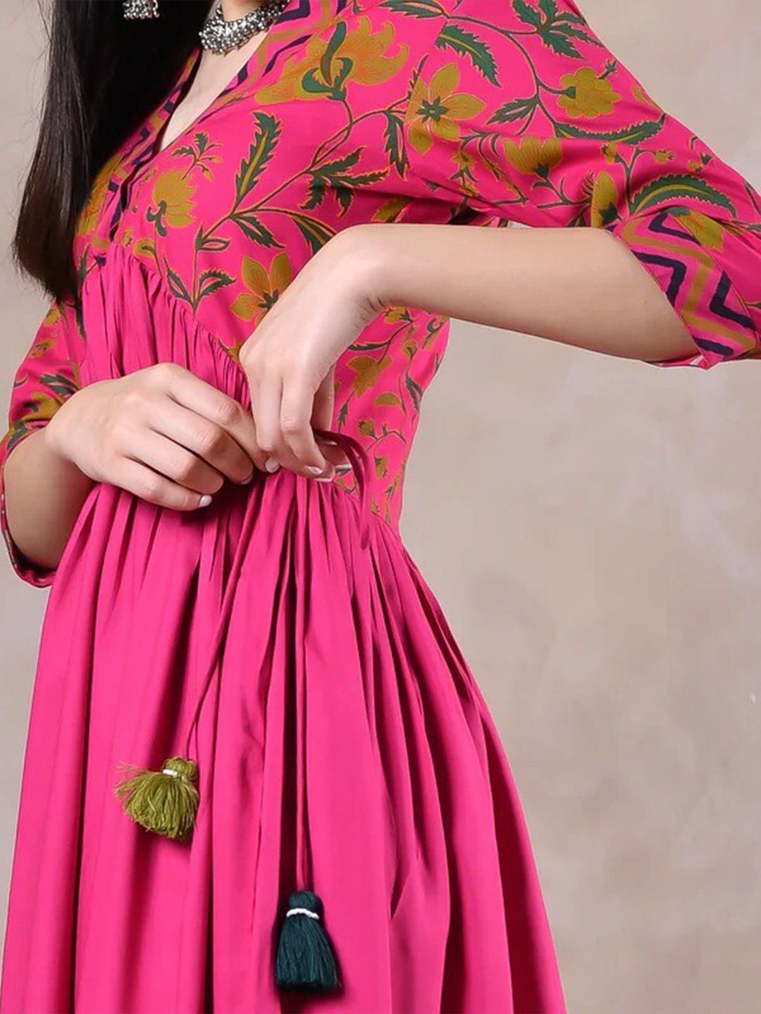 Rustorange Women Pink Floral Rayon A-Line Midi Dress