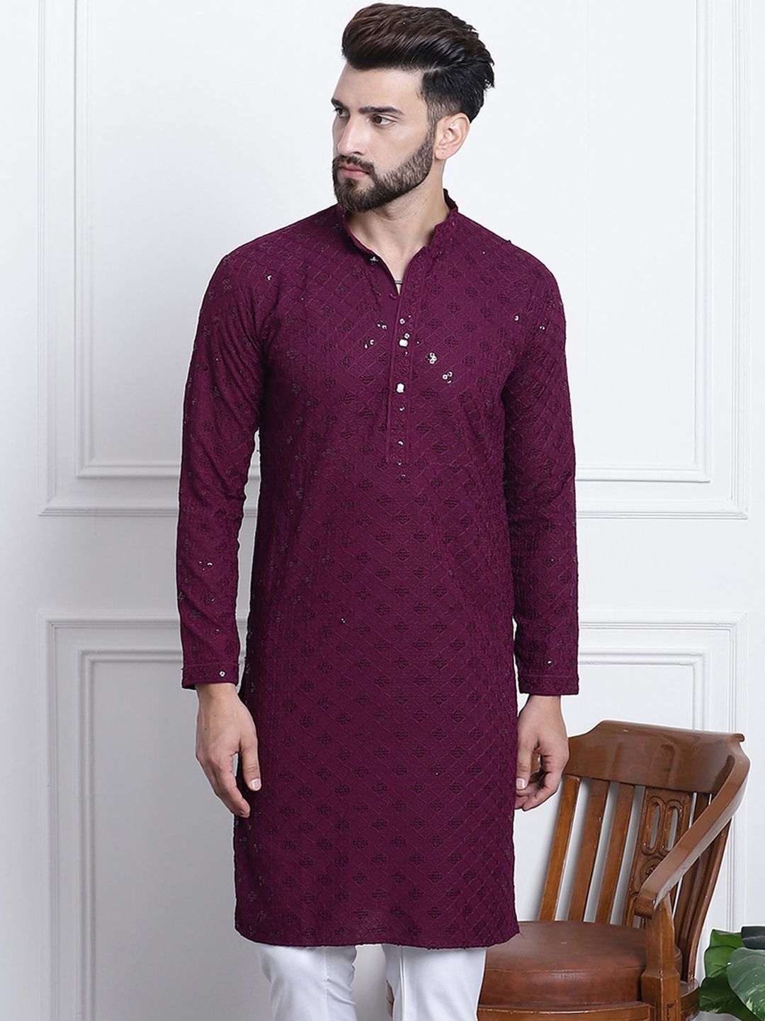 SOJANYA Embellished Mandarin Collar Pure Cotton Kurta