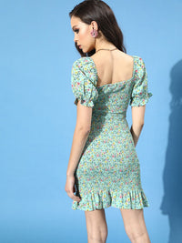 Berrylush Green Floral Crepe Bodycon Mini Dress