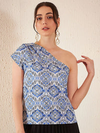 DENNISON Ethnic Motifs Printed Pure Cotton One Shoulder Top